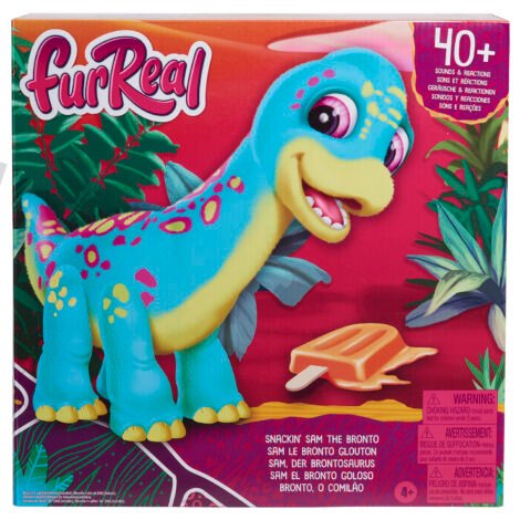 furReal Snackin Sam the Bronto interactive dinosaur plush toy with feeding feature and sounds for boys girls